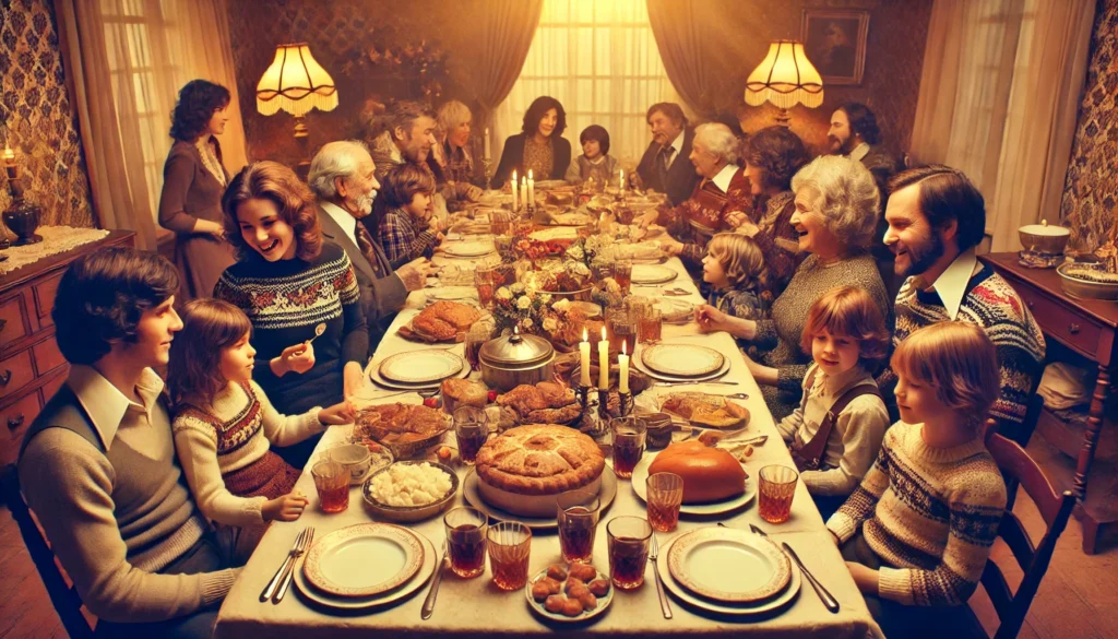 "Vintage-style family gathering from the 1970s , featuring a joyful scene of multiple generations enjoying a meal together around a table filled with festive dishes and desserts, including pastries inspired by a French Jelly Filled Beignet Recipe."