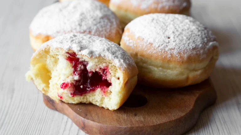 A beautiful plate of French Jelly Filled Beignet recipe arranged and dusted with powdered sugar. A sprinkle of flour on the table adds texture to the shot