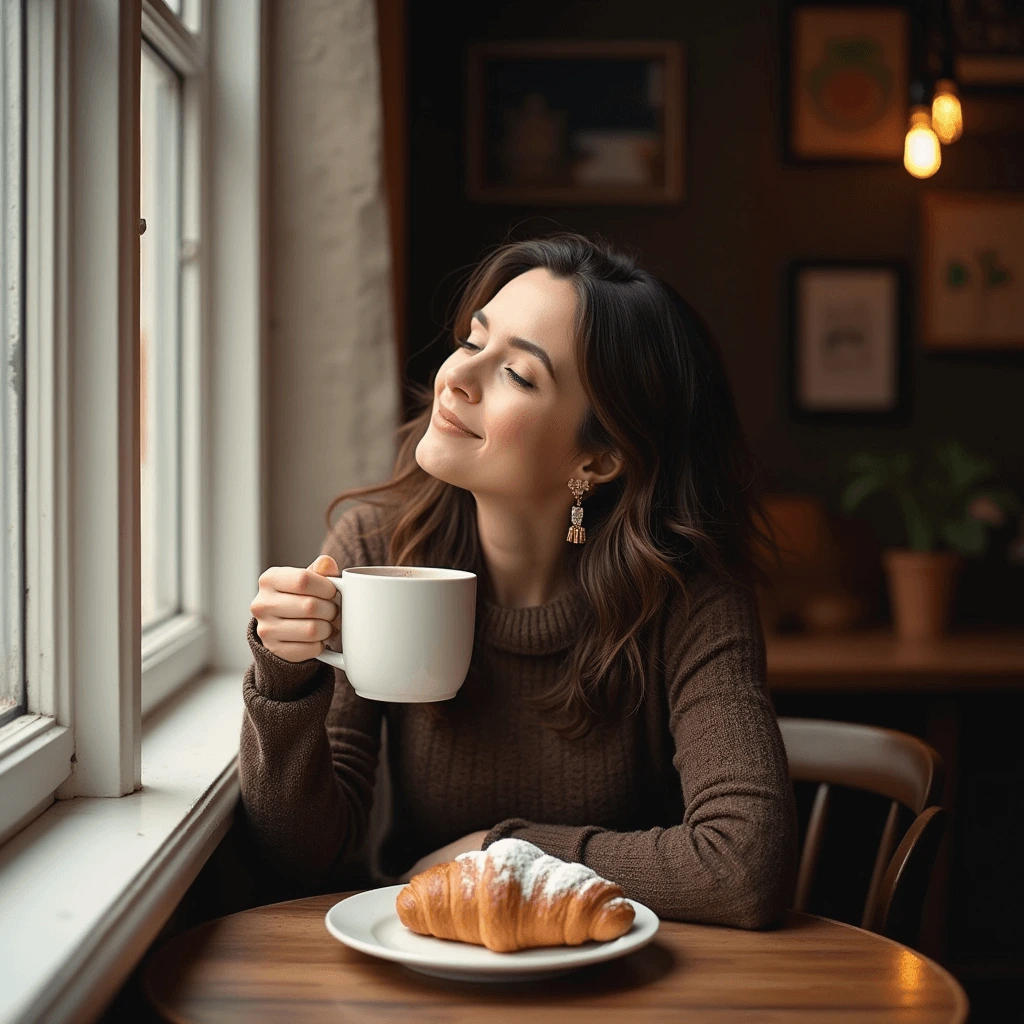 a_woman_is_leaning_back_enjoying_her_coffee_theres_a_ almond croissant_on_the_plate_with_powdered_sugar
