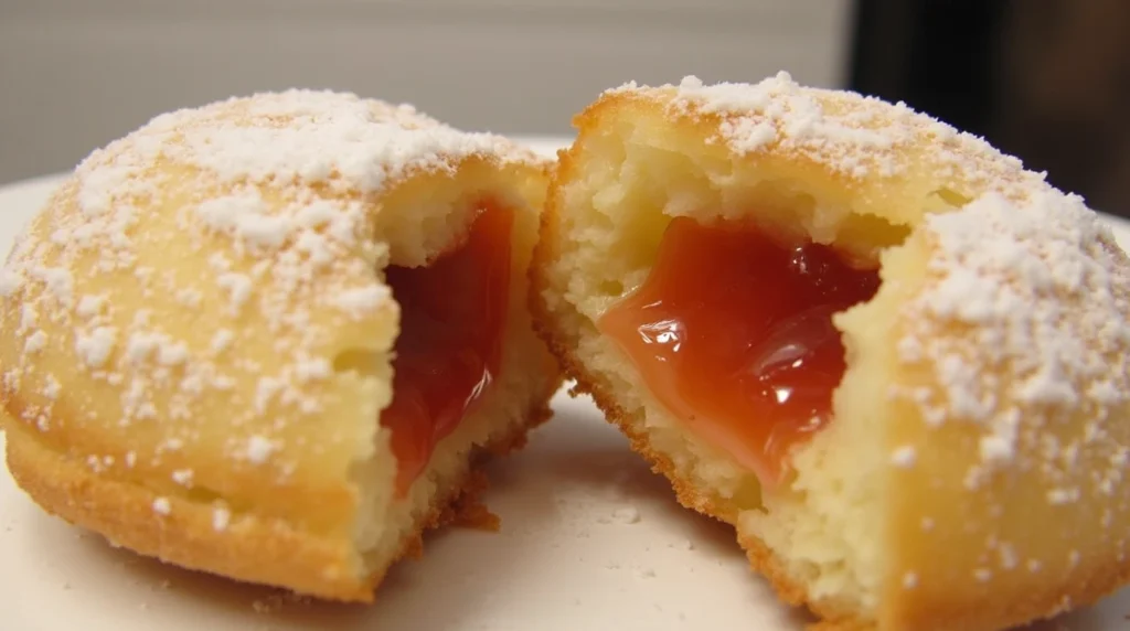 plate of French Jelly Filled Beignet recipe dusted with powdered sugar.