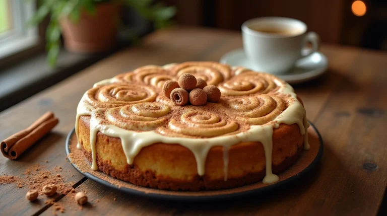 "Decadent Cinnamon Roll Cheesecake with Iced Cinnamon Roll Toppings"