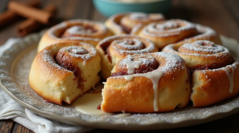 Soft and Fluffy Sourdough Discard Cinnamon Rolls Topped with Powdered Sugar and Glaze