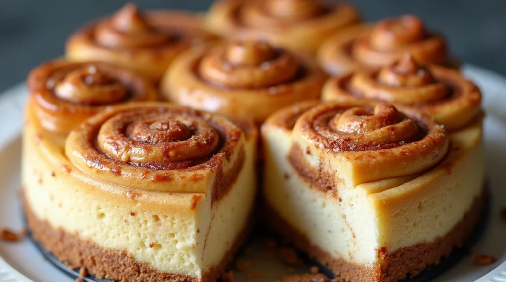 "Indulgent Cinnamon Roll Cheesecake with Swirled Cinnamon Layers and Icing"