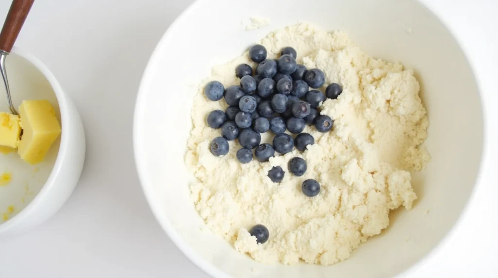  Mixing Fresh Blueberries into Sourdough Discard Scones baking .Dough