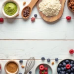 "A vibrant, eye-level flat lay of various healthy ingredients like fresh berries, protein powder scoops, nuts, seeds, and a small whisk, arranged artfully on a clean, light-colored wooden surface. Soft, natural lighting with some depth of field."for prepared a Healthy Protein Desserts