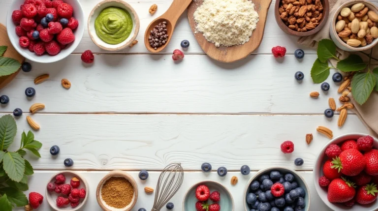 "A vibrant, eye-level flat lay of various healthy ingredients like fresh berries, protein powder scoops, nuts, seeds, and a small whisk, arranged artfully on a clean, light-colored wooden surface. Soft, natural lighting with some depth of field."for prepared a Healthy Protein Desserts