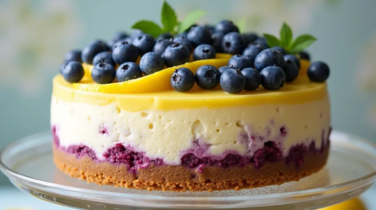 "A vibrant lemon blueberry cheesecake cake with layers of smooth cheesecake, a tangy lemon filling, and a swirl of fresh blueberries on top. The cake is displayed on a glass cake stand with a light, airy atmosphere around it. The cake’s creamy texture and the vivid colors of the blueberries contrast beautifully against the pale yellow of the lemon."