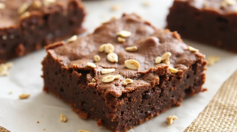 A close-up of a single protein brownies topped with peanuts