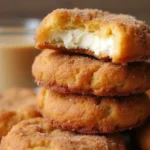 Close-up of a stack of golden-brown churro cheesecake cookies coated in cinnamon sugar, with a bite taken out of the top cookie revealing a creamy cheesecake filling inside.