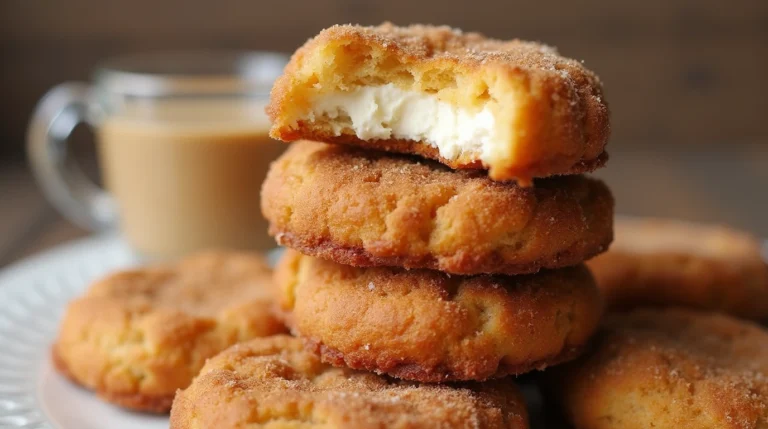 Close-up of a stack of golden-brown churro cheesecake cookies coated in cinnamon sugar, with a bite taken out of the top cookie revealing a creamy cheesecake filling inside.